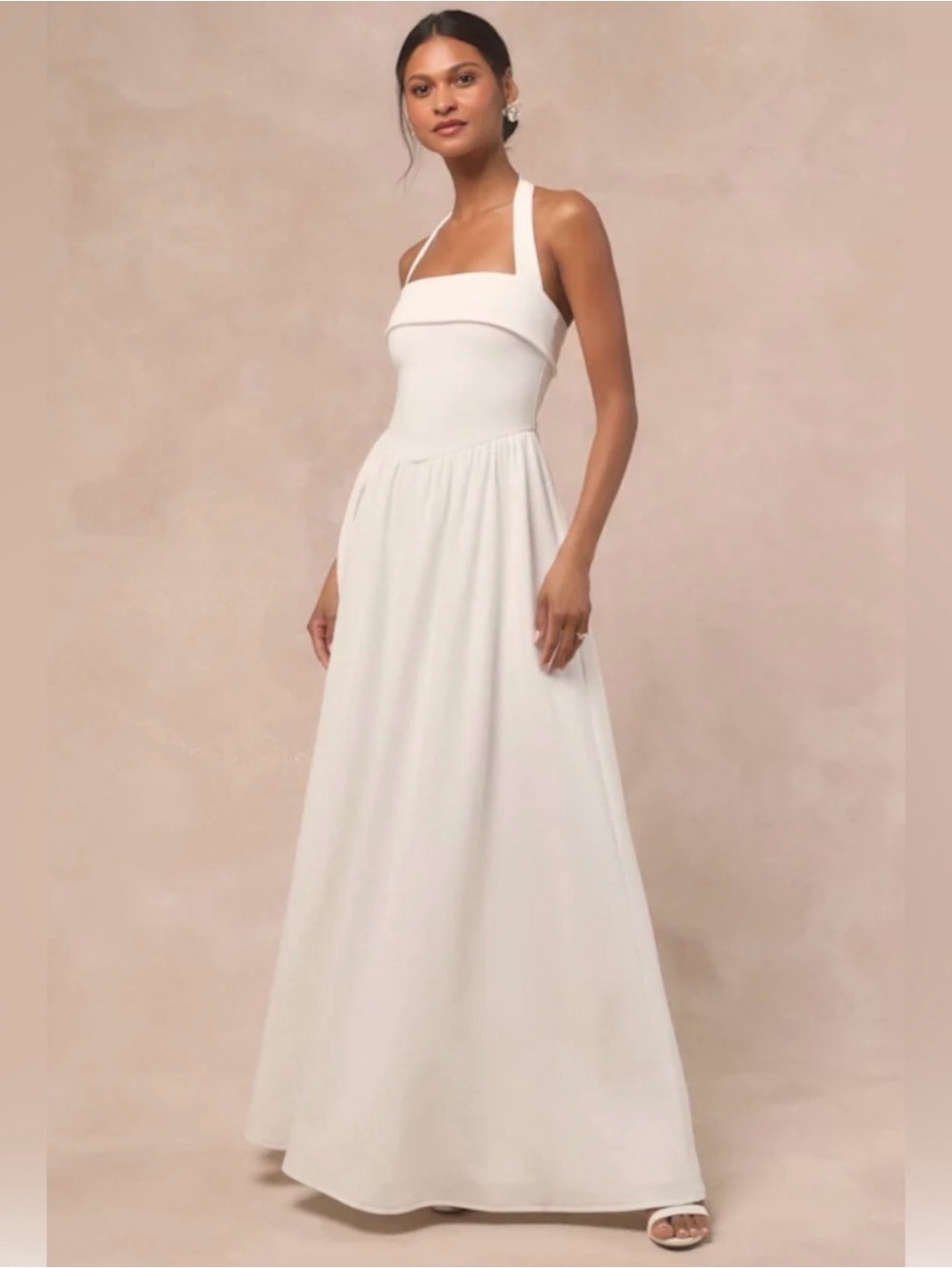 Lulus Telia White Halter Basque Waist Maxi Dress Size Small NEW w/ Tag
